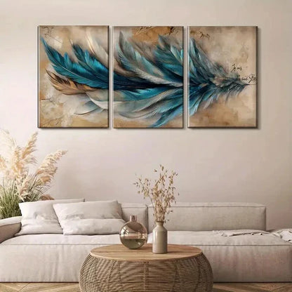 3pcs Blue & Golden Abstract Feather Modern Perfect Wall Art Canvas Unframed – High Quality Print 100% Australian Made Wall Canvas - Bella Home Decor