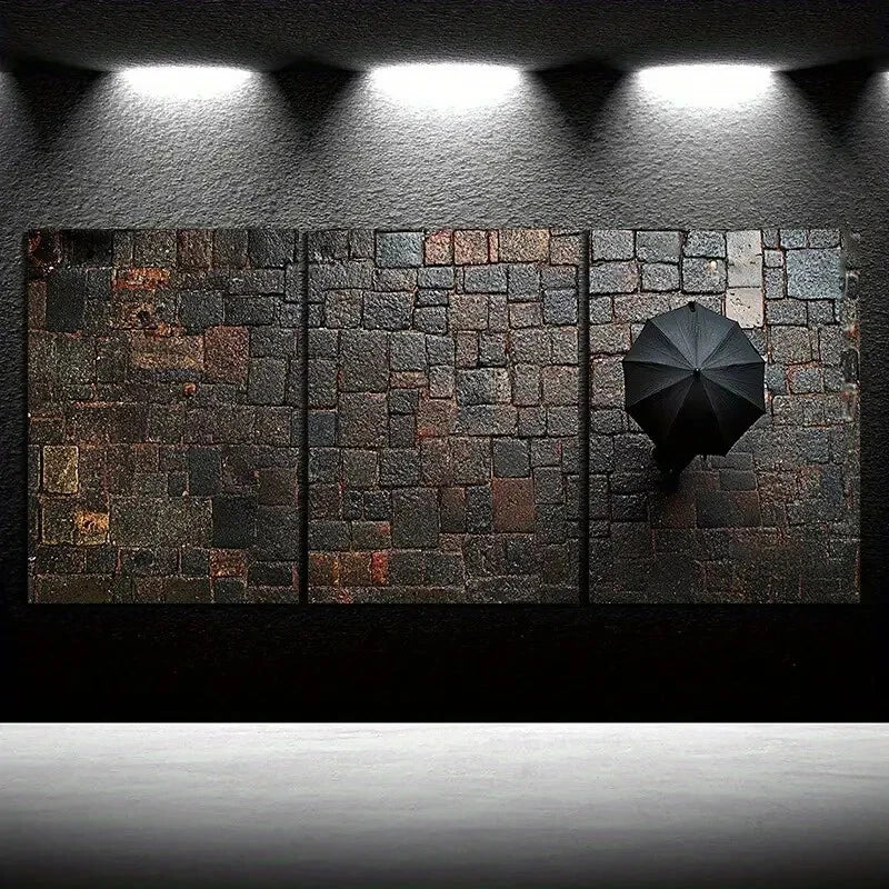 3pcs People holding red Umbrellas on Rainy Metal Print Ready to Hang Art