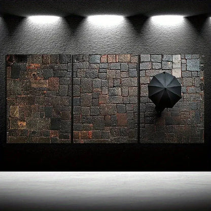 3pcs People holding red Umbrellas on Rainy Metal Print Ready to Hang Art