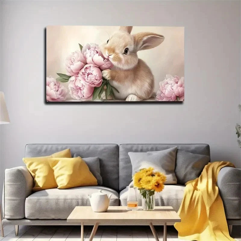 Rabbit Holding Pink Peonies Wall Art Canvas Office Home Room Framed 120x60cm - Bella Home Decor