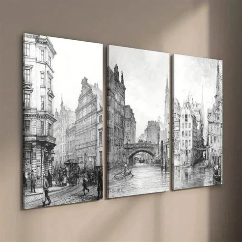 3pcs Drawing Vintage Architecture And Urban Wall Art Canvas Unframed - High Quality Print 100% Australian Made Wall Canvas - Bella Home Decor