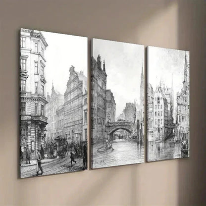 3pcs Drawing Vintage Architecture And Urban Wall Art Canvas Unframed - High Quality Print 100% Australian Made Wall Canvas - Bella Home Decor
