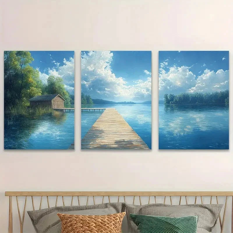 3pcs Peaceful Lake House Under A Sky  Wall Art Set Canvas Framed 60x90cm - High Quality Print 100% Australian Made Wall Canvas Ready to Hang - Bella Home Decor