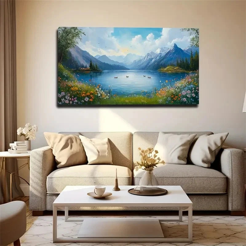 Mountains Lake Spring Flowers Wall Art Canvas Office Home Room Framed 120x60cm