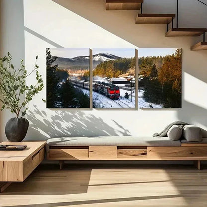3pcs Snowy Landscape with Steam Train Wall Art Set Canvas Unframed - High Quality Print 100% Australian Made Wall Canvas