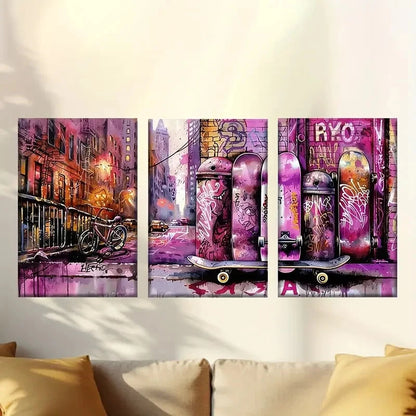 3pcs Colorful Abstract Skateboard Art Wall Art Set Canvas Framed 40x60cm - High Quality Print 100% Australian Made Wall Canvas Ready to Hang - Bella Home Decor