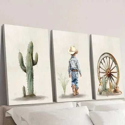 3pcs Green Cactus Cowboy Boy Desert Theme Art Set Canvas Unframed - High Quality Print 100% Australian Made Wall Canvas