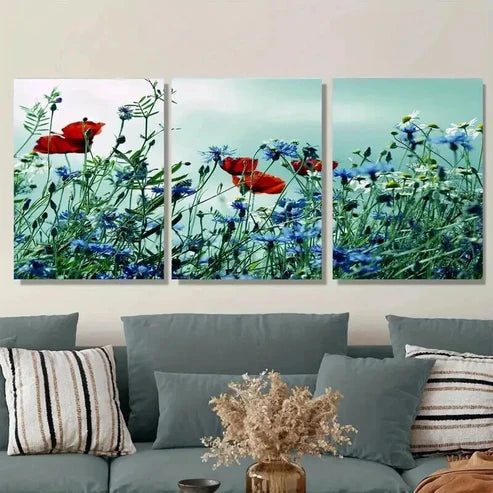 3pcs Beautiful Red Poppy and Blue Flower Wall Art Set Canvas Unframed - High Quality Print 100% Australian Made Wall Canvas - Bella Home Decor