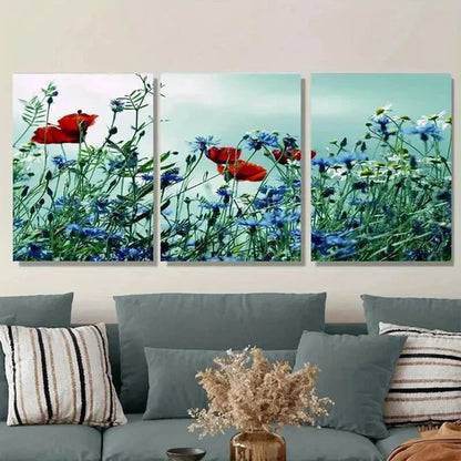 3pcs Beautiful Red Poppy and Blue Flower Wall Art Set Canvas Unframed - High Quality Print 100% Australian Made Wall Canvas - Bella Home Decor