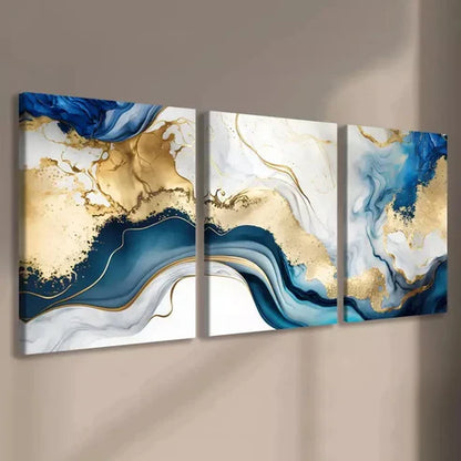 3pcs Abstract Swirls Of Painting In Colors Of Blue & Gold Wall Art Set Canvas Unframed - High Quality Print 100% Australian Made Wall Canvas