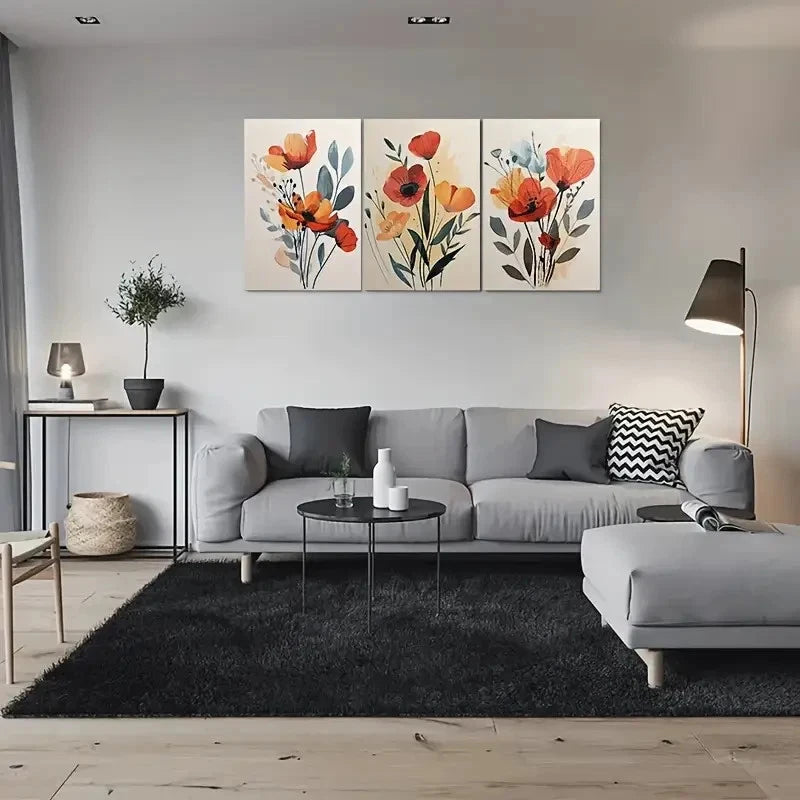 3pcs Orange Red Yellow Flowers with Green Leaves Wall Art Set Canvas Framed 60x90cm - High Quality Print 100% Australian Made Wall Canvas Ready to Hang