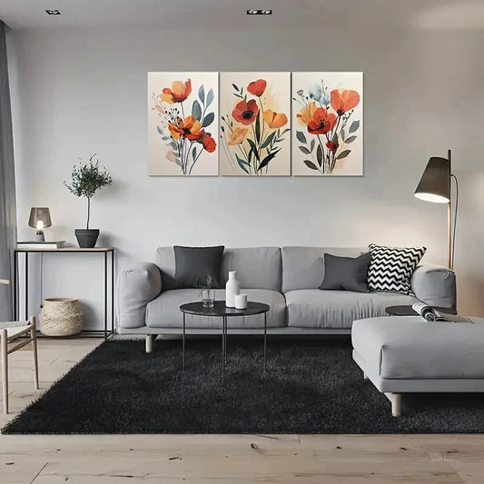 3pcs Orange Red Yellow Flowers with Green Leaves Wall Art Set Canvas Framed 60x90cm - High Quality Print 100% Australian Made Wall Canvas Ready to Hang