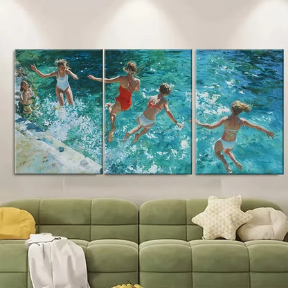 3pcs Women Swimming Pool Jumping Metal Print Ready to Hang Art