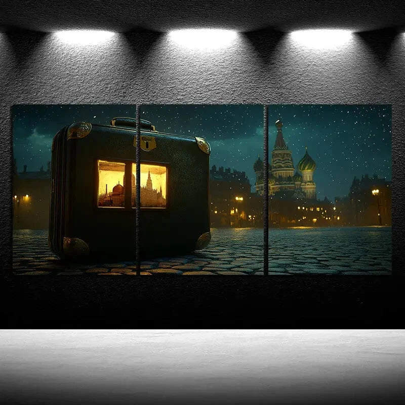 3pcs Luggage on Street Night Scene Metal Print Ready to Hang Art - Bella Home Decor