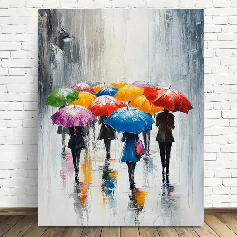 Beautiful Rainy Day Colorful Umbrellas Painting 40x60cm Metal Print Ready to Hang - Bella Home Decor