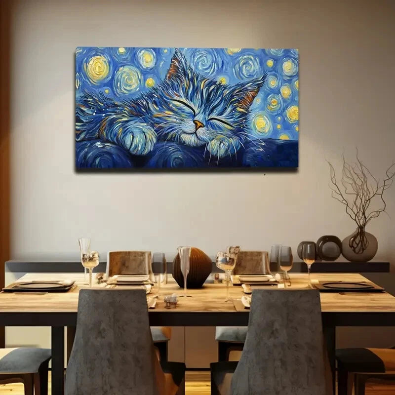 Sleeping Cat With Vibrant Blue Wall Art Canvas Office Home Room Framed 120x60cm - Bella Home Decor