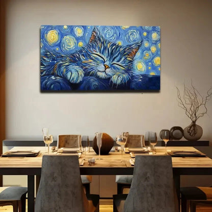 Sleeping Cat With Vibrant Blue Wall Art Canvas Office Home Room Framed 120x60cm - Bella Home Decor