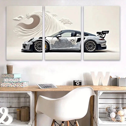 3pcs White Sports Car Wall Art Set Canvas Framed 60x90cm - High Quality Print 100% Australian Made Wall Canvas Ready to Hang