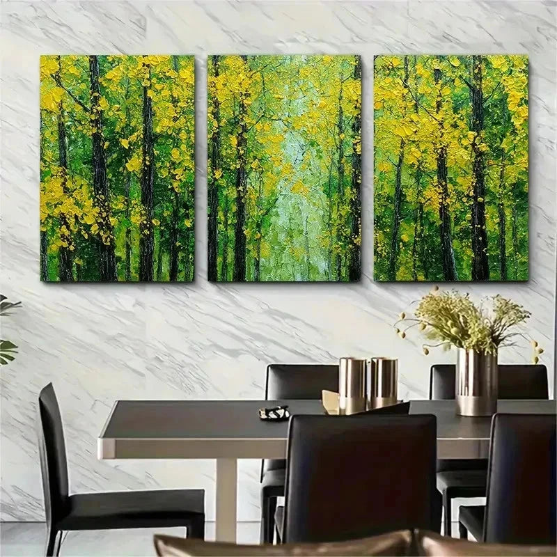 3pcs Large Green Forest Yellow Leaves Perfect Wall Art Set Canvas Framed 50x70cm - High Quality Print 100% Australian Made Wall Canvas Ready to Hang