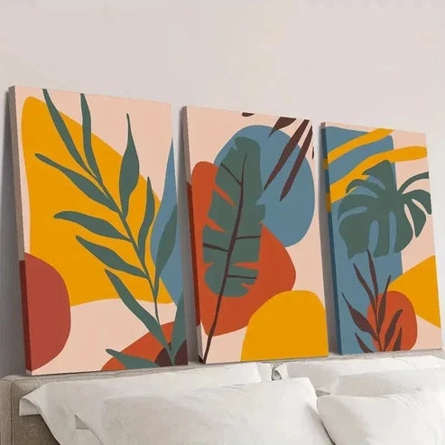 3pcs Abstract Leaves & Geometric Shapes Wall Art Canvas Unframed - High Quality Print 100% Australian Made Wall Canvas - Bella Home Decor