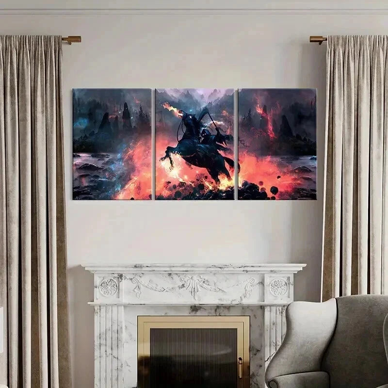 3pcs Grim Reaper on Black Horses Vintage Wall Art Set Canvas Framed 50x70cm - High Quality Print 100% Australian Made Wall Canvas Ready to Hang - Bella Home Decor