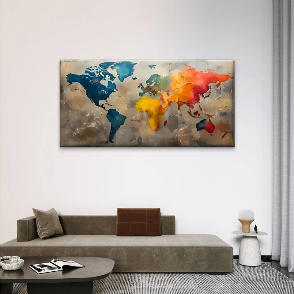 Vibrant World Map Modern Wall Art Canvas Office Home Room Framed 120x60cm