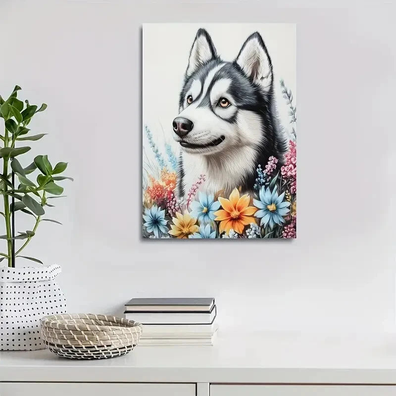 Flowers And Plants Cute Siberian Husky Dog 40x60cm Metal Print Ready to Hang