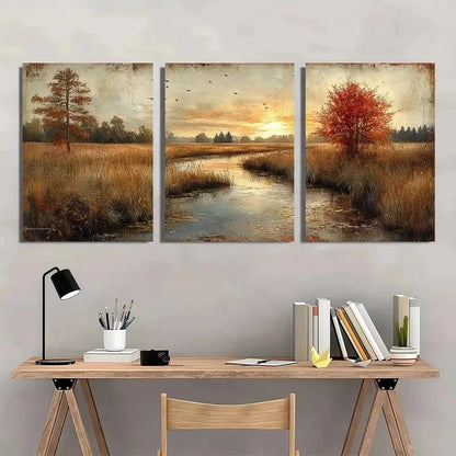 3pcs Impressionist Countryside Golds Nature Wall Art Set Canvas Framed 50x70cm - High Quality Print 100% Australian Made Wall Canvas Ready to Hang - Bella Home Decor