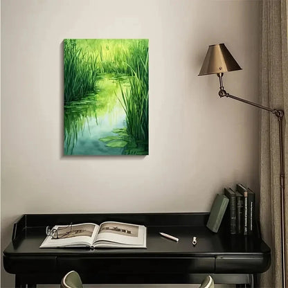 Green Water Grass Meadow Painting 40x60cm Metal Print Ready to Hang - Bella Home Decor