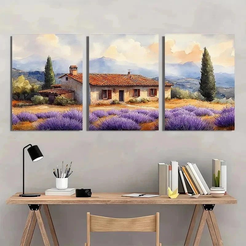 3pcs Italian Cottage Lavender Landscape Perfect Wall Art Set Canvas Framed 50x70cm - High Quality Print 100% Australian Made Wall Canvas Ready to Hang