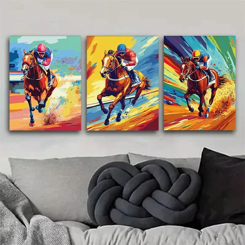 3 PCS Colorful Pop Art Style Horse Racing Wall Art Set Canvas Unframed - High Quality Print 100% Australian Made Wall Canvas - Bella Home Decor