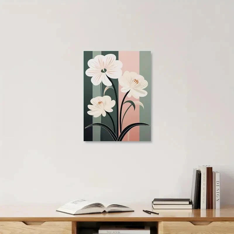 Floral painting on a wall above a wooden shelf with books and an open book.