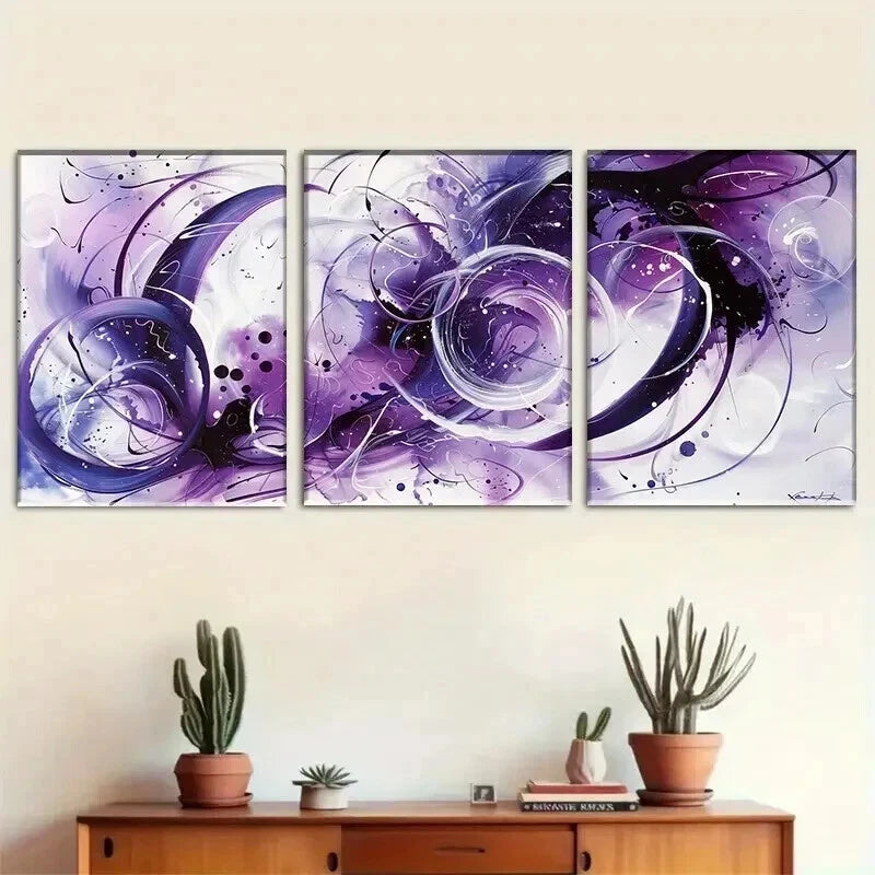 3pcs Abstract Purple Modern Fluid Swirl Perfect Wall Art Set Canvas Framed 60x90cm - High Quality Print 100% Australian Made Wall Canvas Ready to Hang - Bella Home Decor