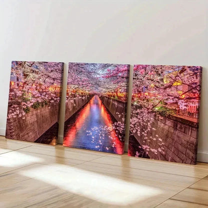 3pcs Cherry Blossom Street Landscape Painting Wall Art Set Canvas Framed 50x70cm - High Quality Print 100% Australian Made Wall Canvas Ready to Hang - Bella Home Decor