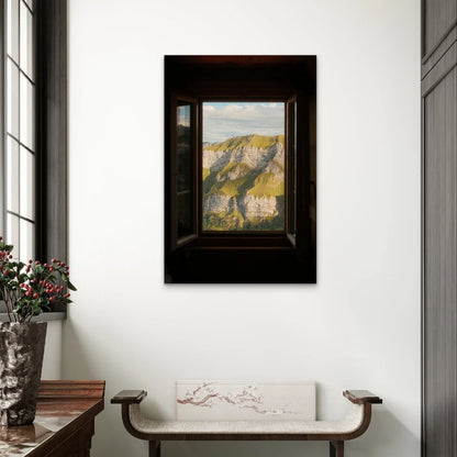 Green Mountain Ridge Window View Alpine Cliff 40x60cm Metal Print Ready to Hang