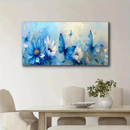 Blue Flower Butterfly Fashion Wall Art Canvas Office Home Room Framed 120x60cm
