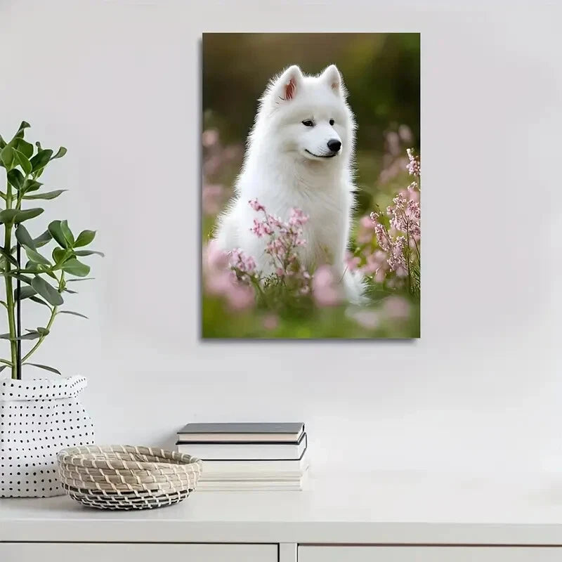Flowers And Plants Cute Samoyed Dog Painting 40x60cm Metal Print Ready to Hang - Bella Home Decor