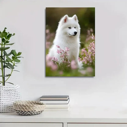 Flowers And Plants Cute Samoyed Dog Painting 40x60cm Metal Print Ready to Hang - Bella Home Decor