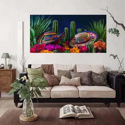 Vibrant Mexican Sombrero Wall Art Canvas Office Home Room Framed 120x60cm
