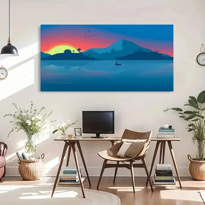 Minimalist Beach Boat Mountain Wall Art Canvas Office Home Room Framed 120x60cm