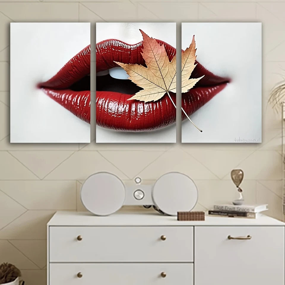3pcs Vibrant Red Lips with Maple Leaf Design Wall Art Set Canvas Framed 50x70cm - High Quality Print 100% Australian Made Wall Canvas Ready to Hang