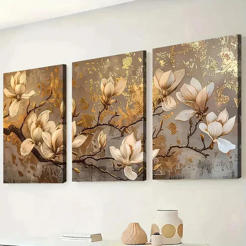 3pcs Abstract Golden Light Luxury Flower Perfect Wall Art Canvas Unframed – High Quality Print 100% Australian Made Wall Canvas - Bella Home Decor
