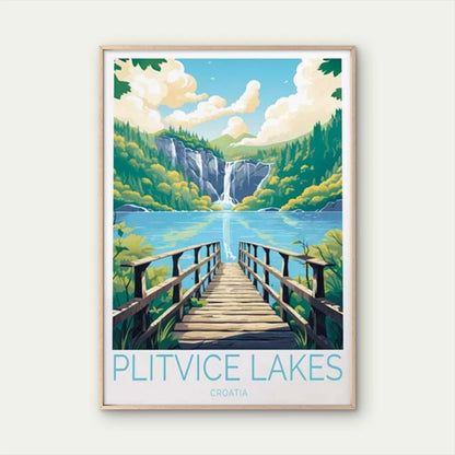 Plitvice Lakes Croatia, Bridge and Trees Travel Poster Print Wall Art - Bella Home Decor
