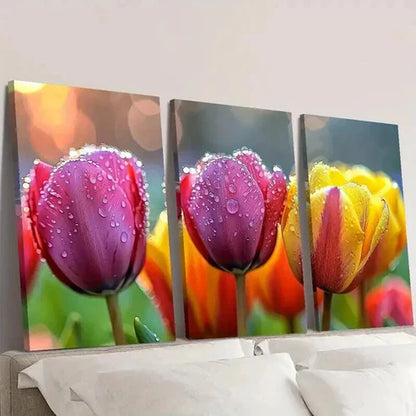 3pcs Tulips in the Rain Floral Themed Wall Art Canvas Unframed - High Quality Print 100% Australian Made Wall Canvas