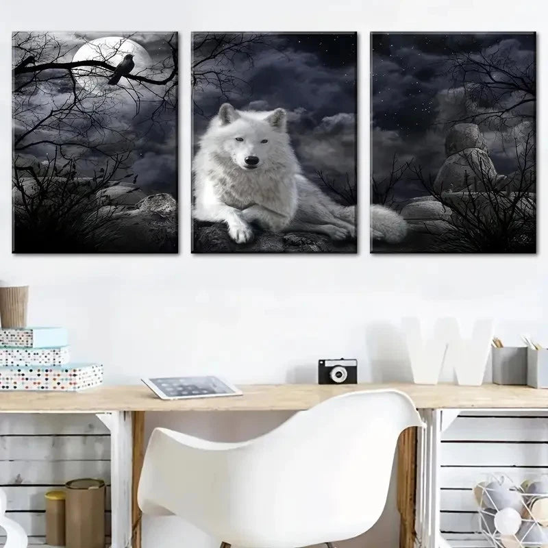 3pcs Dark Fantasy Moonlight Wolf King   Wall Art Canvas  Framed 60x90cm - High Quality Print 100% Australian Made Wall Canvas Ready to Hang - Bella Home Decor