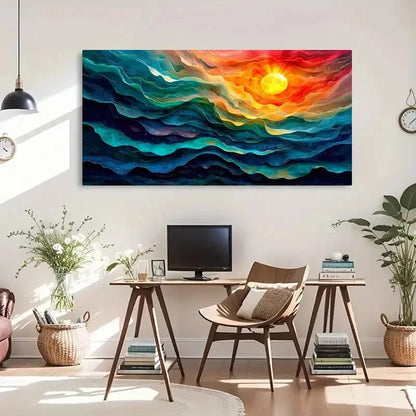 Waves & Sunrise Ocean Abstracct Wall Art Canvas Office Home Room Framed 120x60cm - Bella Home Decor