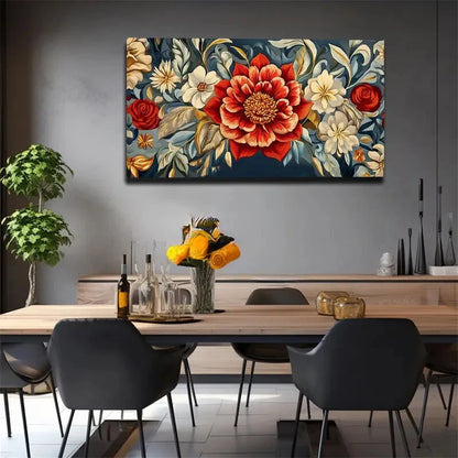 White Flowers On Dark Blue Wall Art Canvas Office Home Room Framed 120x60cm - Bella Home Decor