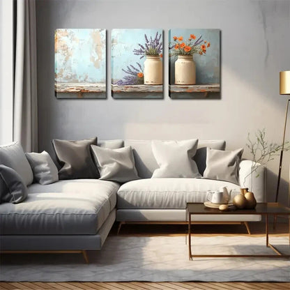 3pcs White Pots Lavender & Orange Flower Perfect Wall Art Set Canvas Framed 40x60cm - High Quality Print 100% Australian Made Wall Canvas Ready to Hang - Bella Home Decor