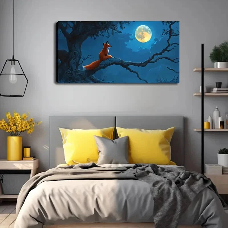 Red Fox Sitting Branch Moon Wall Art Canvas Office Home Room Framed 120x60cm - Bella Home Decor