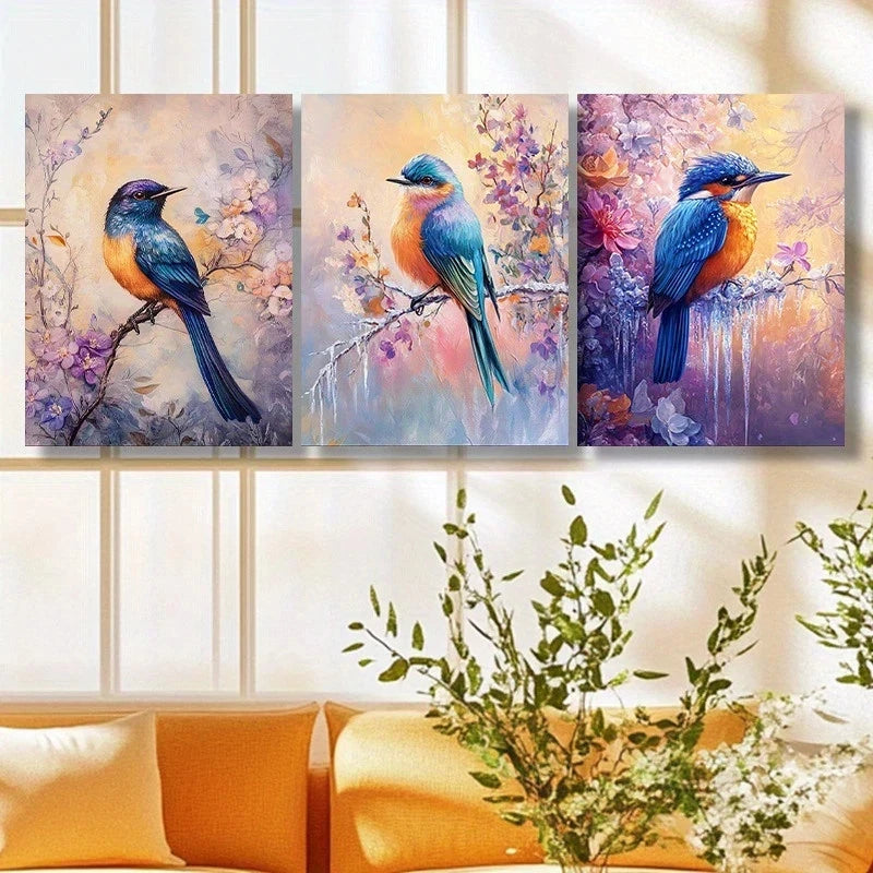 3pcs Colorful Birds Purple Flowers Botanical Metal Print Ready to Hang Art - Bella Home Decor